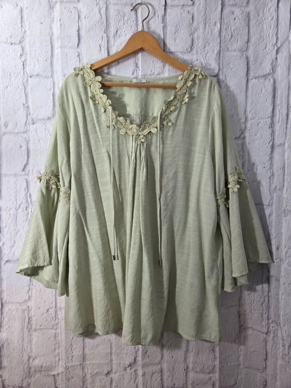 Studio 1886 1X Light Sage Lace Applique Neck Tiered Bell Sleeve Peasant Blouse